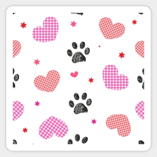 Plaid hearts with seamless black pattern with doodle paw prints Sticker